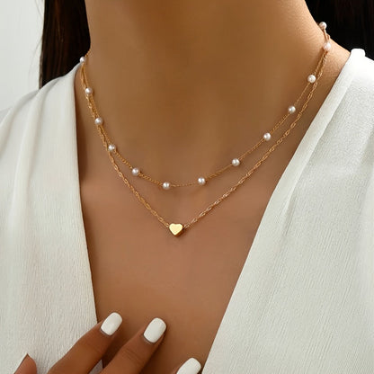 Double Necklace With Pearls And Heart Pendant