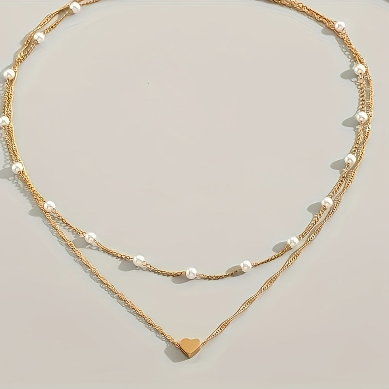 Double Necklace With Pearls And Heart Pendant