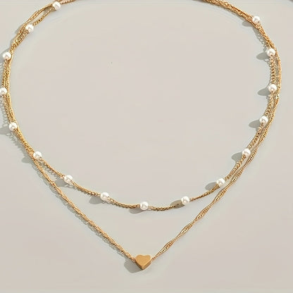 Double Necklace With Pearls And Heart Pendant