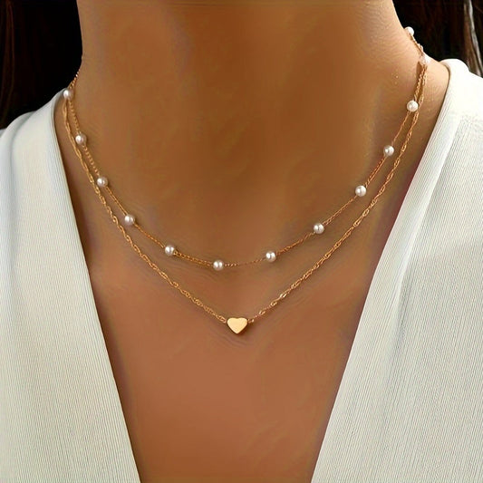 Double Necklace With Pearls And Heart Pendant